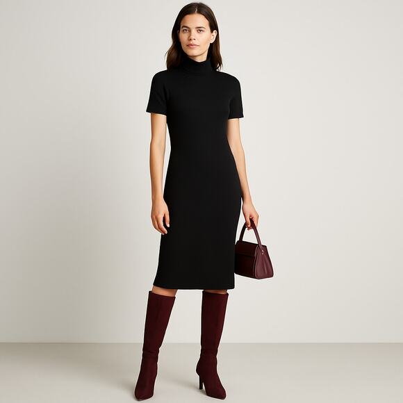 Lennie for Nina Leonard Black Knit Midi Dress L Short Sleeve Pullover Women’s - Picture 1 of 15